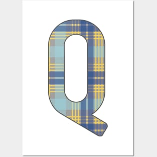 Monogram Letter Q, Blue, Yellow and Grey Scottish Tartan Style Typography Design Posters and Art